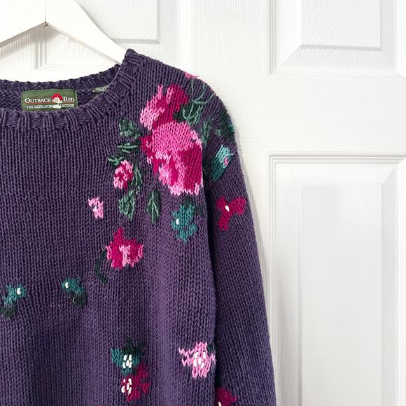 Outback Red Heirloom Collection Purple Handknit Pink Floral Rose Vintage Sweater - Picture 4 of 11